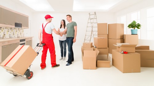 Boxes and furniture being organised for a local removals service in Pimlico
