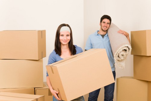 Packed boxes and furniture prepared for temporary storage in Pimlico